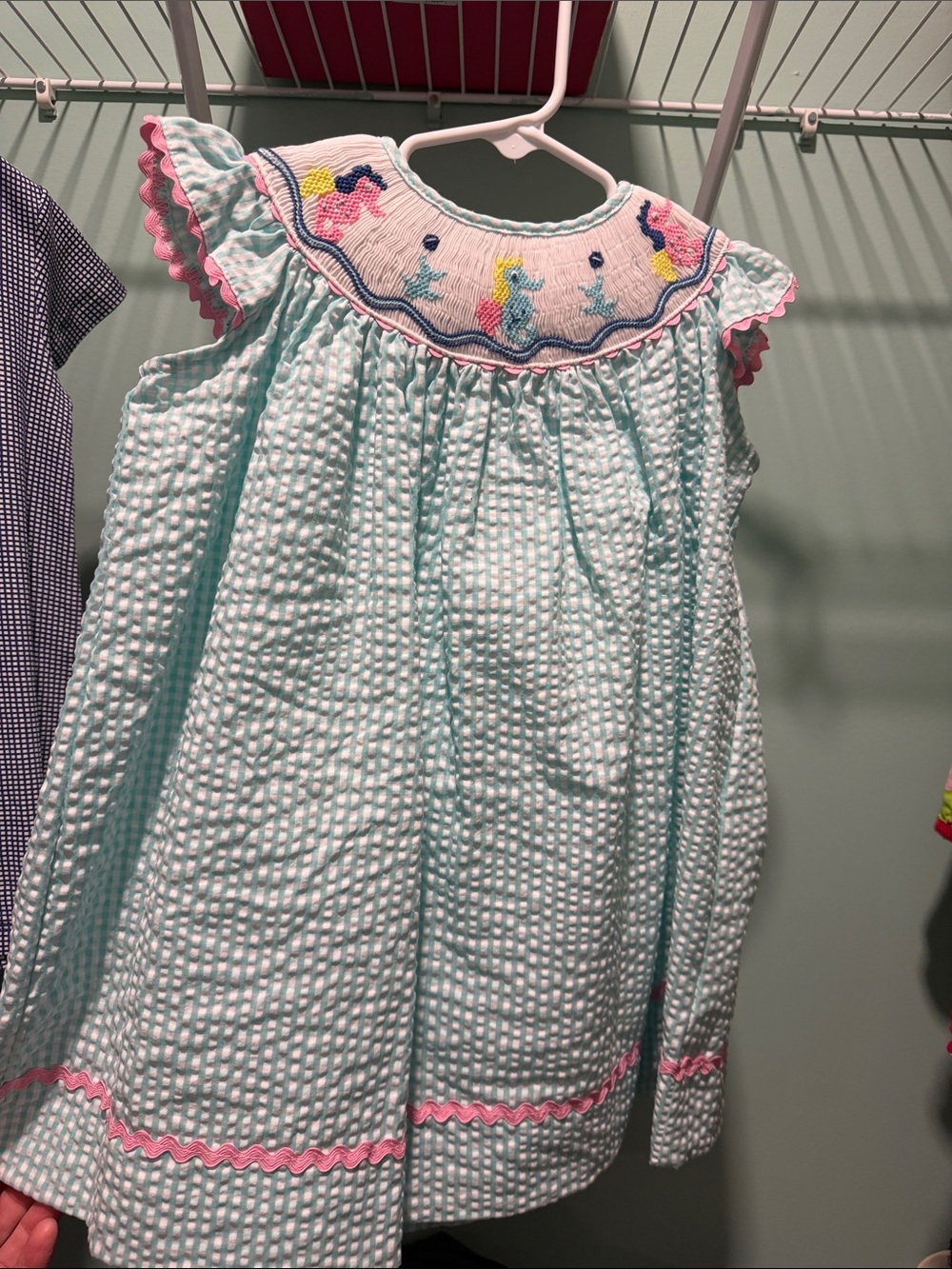 Aqua Seersucker Dress with Pink Trim and ocean Smocking